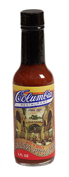 A bottle of Columbia Salsa Picante Hot Sauce with a label featuring the Columbia restaurant logo.